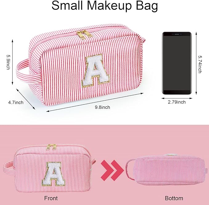 YOOLIFE Initial Makeup Bag Cosmetic Bag Toiletry Pouch, Personalized Birthday Gifts for Women Girls Mom Daughter Sister Friends, Pink A