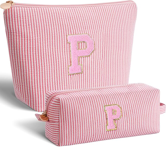 Btffitting Personalized Makeup Bag for Women Girls - Fashion Cosmetic Bag Trendy Travel Toiletry Bag with Initials Letter - Teen Gifts - Peach,P