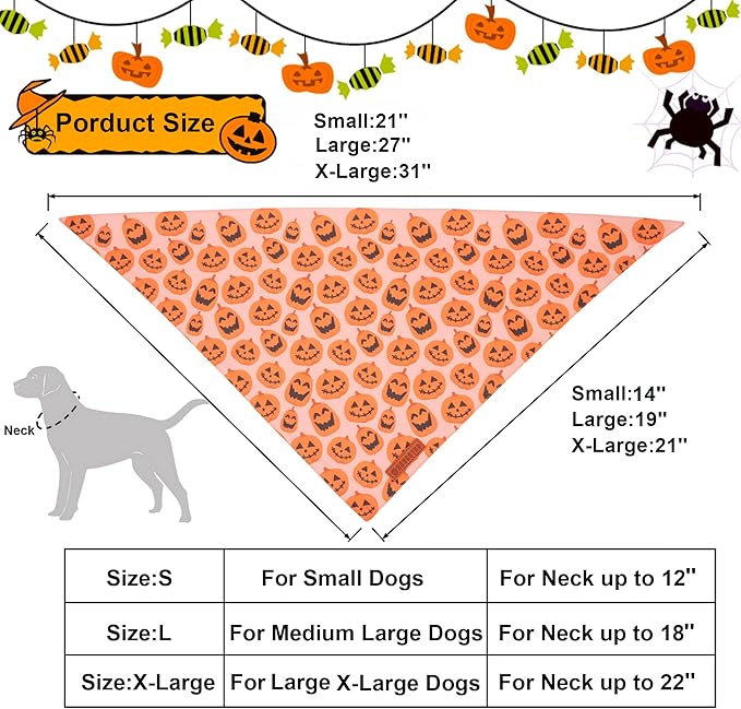 ADOGGYGO Halloween Dog Bandana, Pumpkin Ghost Pet Scarf, Premium Durable Fabric, Adjustable Fit Halloween Bandanas for Medium Large Dogs Pets (Large)