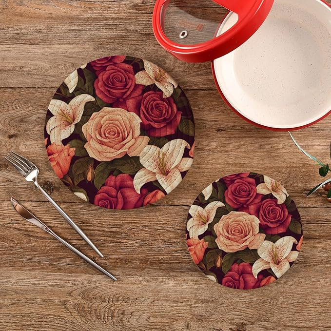 Roses and Lily Flowers Bushes Trivets for Hot Dishes Pots and Pans Potholders Woven Trivet Cotton Round Large Pot Holder Decor Heat Resistant Hot Pads Mat for Table Counter Cooking Potholder Se