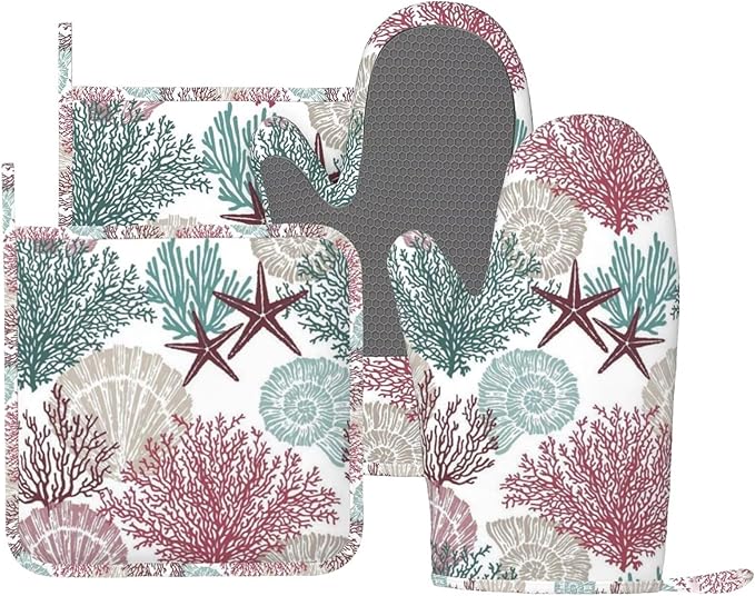 Nautical Coastal Oven Mitts and Pot Holders Set, 4pcs Silicone Starfish Seashell Coral Beach Themed Oven Glove for Kitchen Heat Resistant Oven Mitts and Non-Slip Potholders Red