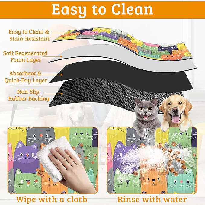 Cute Colorful Cats Dog Food Mat,Absorbent Pet Feeding Mat for Food and Water Bowl,Quick Dry Dog Placemat Non Slip Rubber Backing Waterproof Pet Supplies 16" x 24"