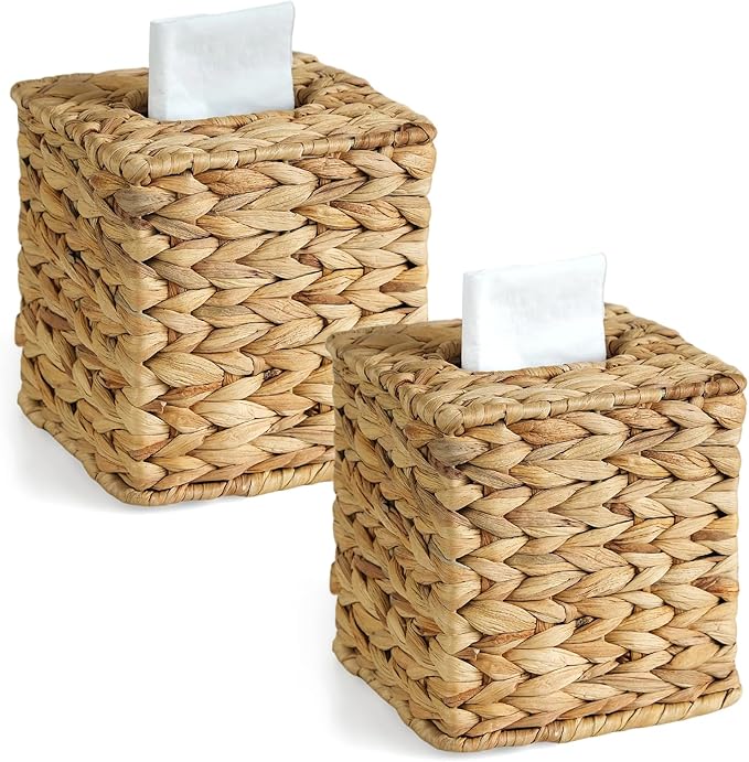 KALEKAIL 2 Pack Rattan Tissue Box Cover, Wicker Tissue Box Holder Square, Boho Decorative Woven Water Hyacinth Cube Tissue Holders for Bathroom Living Room Kitchen