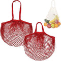 M METERXITY 2-Pack Cotton Mesh Bag, Reusable Washable Mesh Net String Grocery Bags, Reusable Produce Bags with Handle, Net Tote Bag for Fruits/Vegetables Shopping [Red, Long&Short Handle]