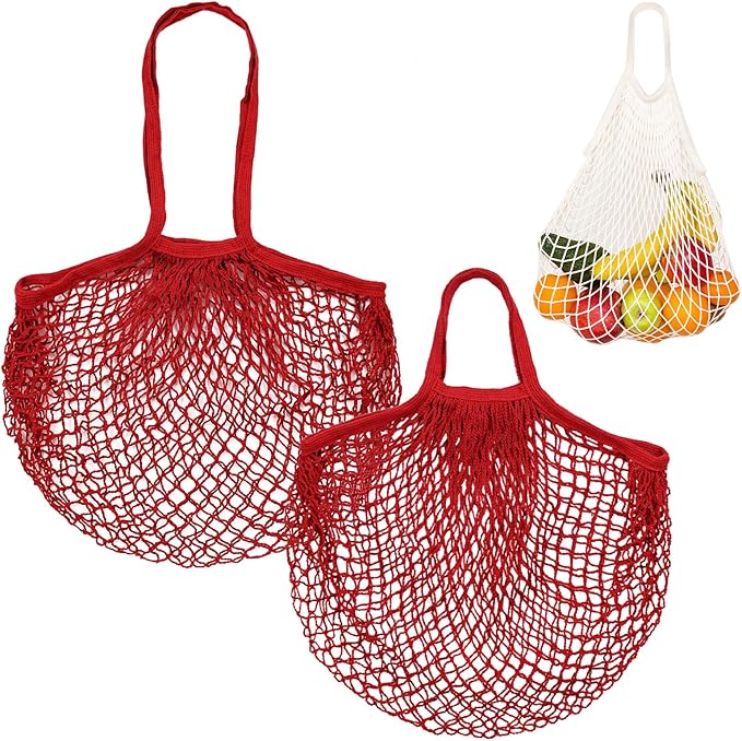 M METERXITY 2-Pack Cotton Mesh Bag, Reusable Washable Mesh Net String Grocery Bags, Reusable Produce Bags with Handle, Net Tote Bag for Fruits/Vegetables Shopping [Red, Long&Short Handle]