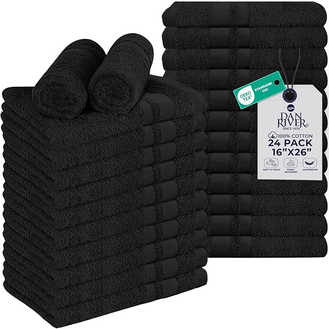 DAN RIVER 100% Cotton Salon Towels Set – 16x26 inches, Pack of 24, Highly Absorbent and Quick-Dry Towels for Hand, Salon, Spa, Beauty, Gyms and Home Hair Care, Black