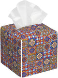 Mexican Talavera Ceramic Tile Tissue Box Cover Square, Retro Boho Flowers Tissue Box Holder Waterproof Leather Facial Paper Organizer Dispenser for Bathroom Home Car Nightstand Vanity Desk