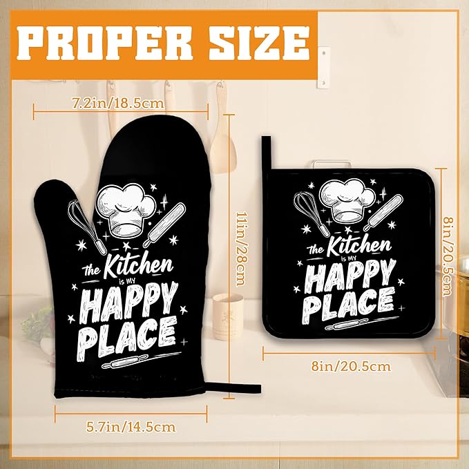 Funny Oven Mitts and Pot Holders Set,The Kitchen is My Happy Place Kitchen Decor Heat Resistant Non Slip Hot Pads and Oven Mitt for Chef Cooking Baking BBQ Mom Girl Gifts(4 Piece Set)