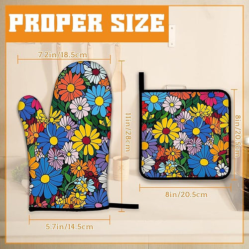Abstract Hippie Flower Oven Mitts and Pot Holders,Heat Resistant Oven Mitts Gloves and Pot Holder for Home Kitchen Decorations Cooking Baking BBQ Gifts,Set of 4