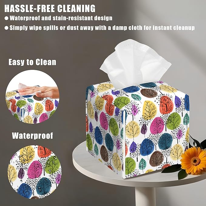 BLYKVGHQ Colorful Abstract Trees Tissue Box Cover Square, Tissue Box Holder with Bottom Belt Leather Facial Paper Organizer Dispenser for Bathroom Bedroom Dresser Night Stand Tabletop