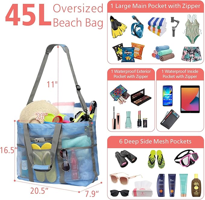 F-color Mesh Beach Bag Family - Large Tote Bag for Cruise Pool Toys Beach Vacation Essentials