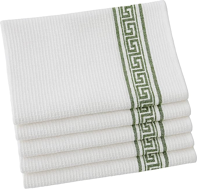 Attica Tracery Pure Cotton Kitchen Tea Towels – White Waffle Towels | Super Absorbent Kitchen Napkins | Reusable Cloths for Dishes, Counters & More - (60x38 cm, Set of 5) (White with Green Border)