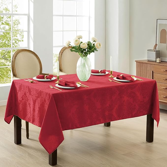 Newbridge Barcelona Damask Fabric Tablecloth, 60 x 120 Inch Rectangle, Red – No Iron, Soil Resistant Table Cover for Dining, Parties and Holidays