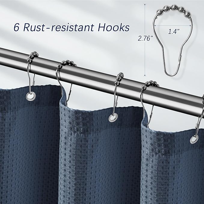 PANGSINNE Shower Curtain Fabric Washable for Stall, Waffle Weave 36 Inches Heavy Duty Navy Shower Curtain, Half Size Waterproof 256GSM Spa Luxury Shower Curtains with 6 Metal Hooks,36Wx72H Navy Blue