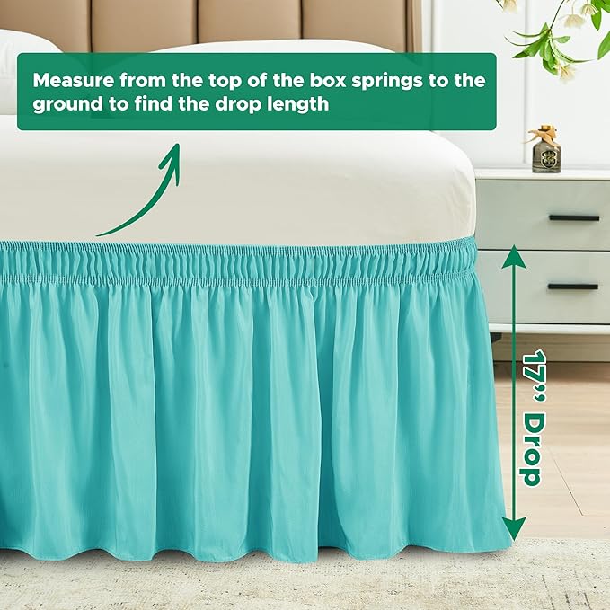 Biscaynebay Wrap Around Bed Skirts for Queen Beds 17" Long Drop, Aqua Adjustable Elastic Dust Ruffles Easy Fit Wrinkle Resistant Silky Luxurious Fabric Machine Washable