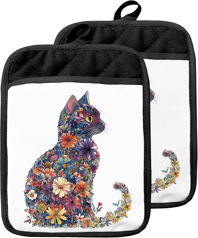 Flower Cat Pot Holders with Pockets, Cat Kitchen Decor, Aesthetic Floral Kitten Kitty Oven Pot Holders Heat Resistant Oven Mitts Hot Pads for Kitchen Baking Cooking