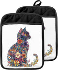 Flower Cat Pot Holders with Pockets, Cat Kitchen Decor, Aesthetic Floral Kitten Kitty Oven Pot Holders Heat Resistant Oven Mitts Hot Pads for Kitchen Baking Cooking
