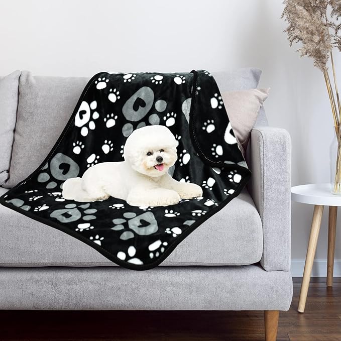 AHOOCUSTOM Dog Blanket, Soft Fleece Dog Blankets for Small Medium Dogs, Fluffy Flannel Pet Cat Puppy Blanket Mat Cover for Bed Couch, Cute Paw Print Throw Blanket for Dogs, Black 40"X30"