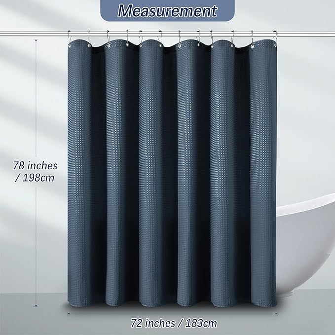 PANGSINNE Shower Curtain Blue Water Resistant Waffle Weave Textured Heavy Duty Shower Curtain for Bathroom, 256GSM Modern Thick Fabric Shower Curtains Hotel Quality Spa with 12 Hooks, 72Wx78H Navy
