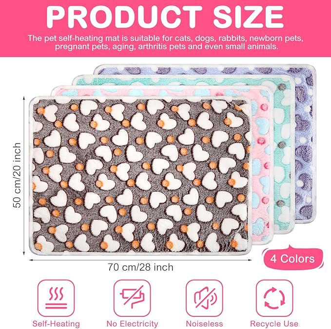 Clysee 4 Pack Self Heating Cat Bed Cat Self Warming Pad with Removable Cover Extra Warm Thermal Pet Pad Washable Pet Crate Mat Anti Slip Kennel for Indoor Outdoor Pets(Heart,20 x 28 Inches)