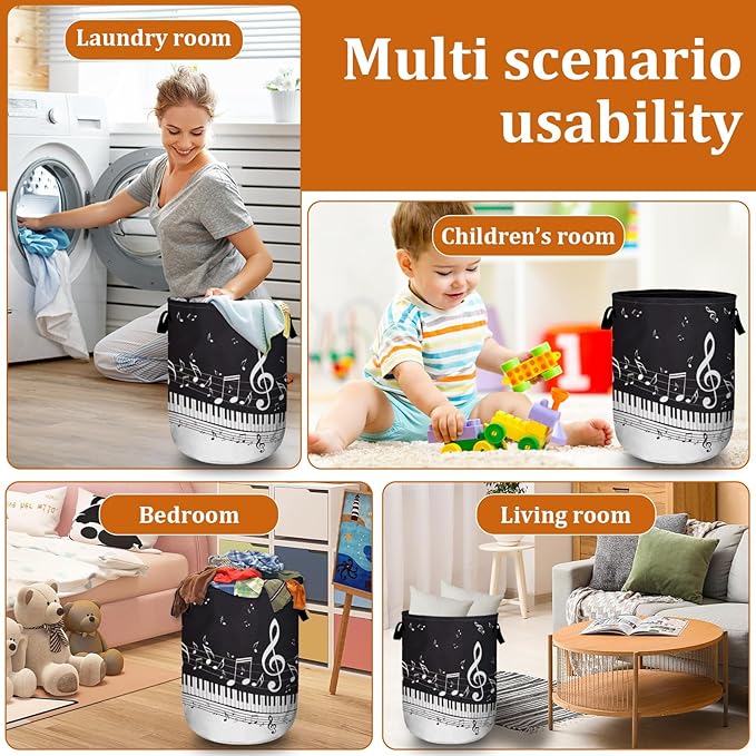 Piano Music Note Laundry Basket with Sturdy Handles, Collapsible Oxford Cloth Laundry Hamper Organizer Basket for Bathroom Bedroom 15.7x20 Inch