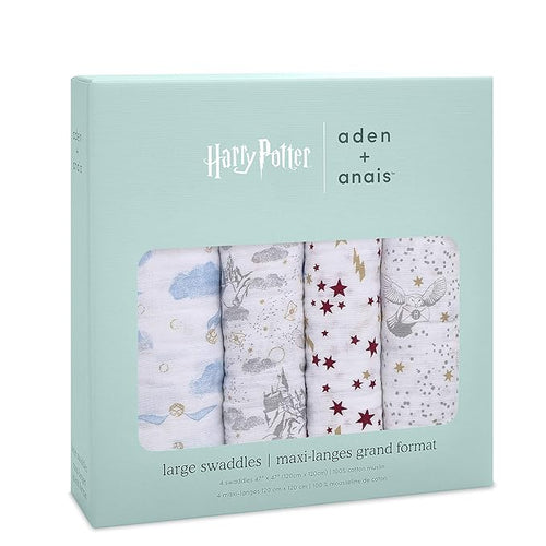 aden + anais Boutique Muslin Swaddle Blanket for Baby Girls and Boys, Newborn Receiving Blanket for Swaddling, 100% Muslin Cotton Swaddle Wrap,4 Pack, Harry Potter