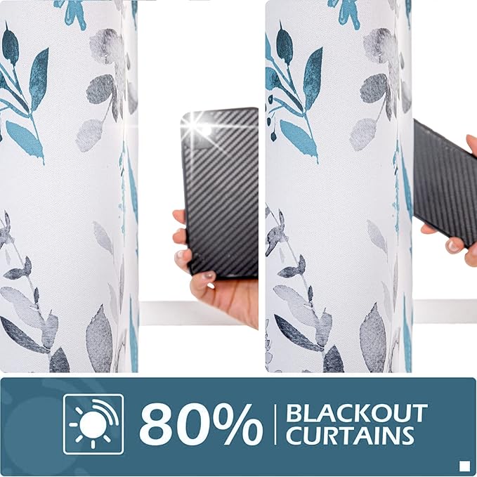 MYSKY HOME Floral Blackout Curtains for Kitchen Room Darkening Thermal Insulated Panels 54 Inch Long Light Blocking Grommet Rustic Curtains for Dormer Window, 2 Panels, Turquoise