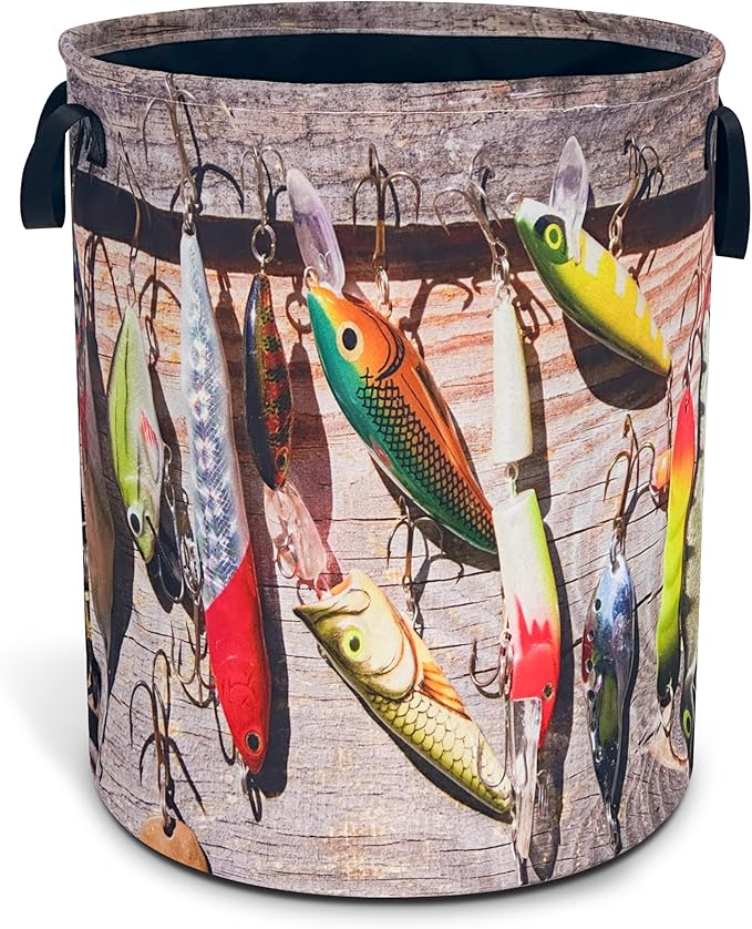 Fishing Laundry Basket Funny Fish Foldable Waterproof Oxford Cloth Tote Bag Laundry Hamper Round Large Clothes Storage Bucket Toy Organizer For Bathroom/Laundry Storage/Bedroom 18.9x16.5 Inch