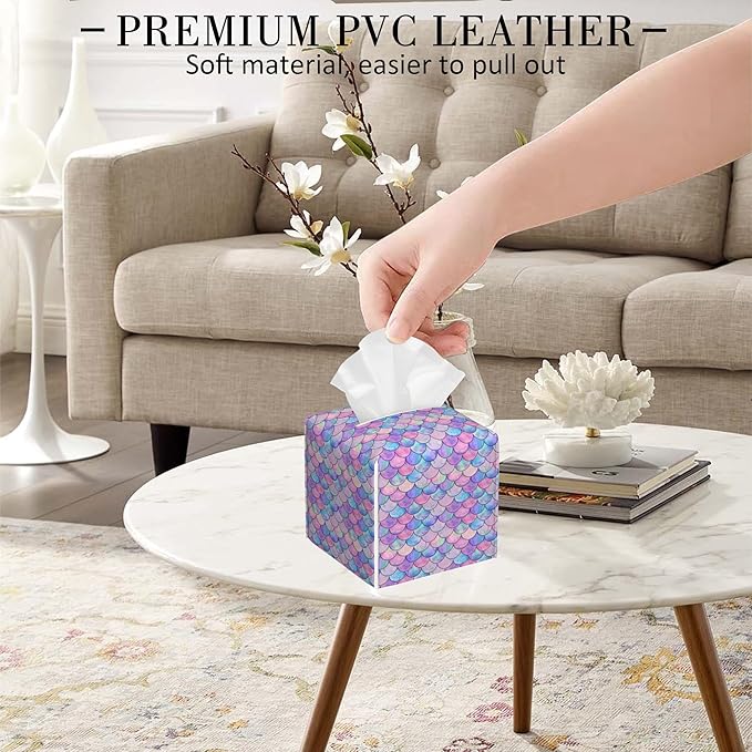 POIUBLE Tissue Box Holder Mermaid Scales Tissue Box Cover Square Leather Tissue Holder Organizer Portable Decorative Facial Paper Case for Home Office Bathroom Vanity Countertop