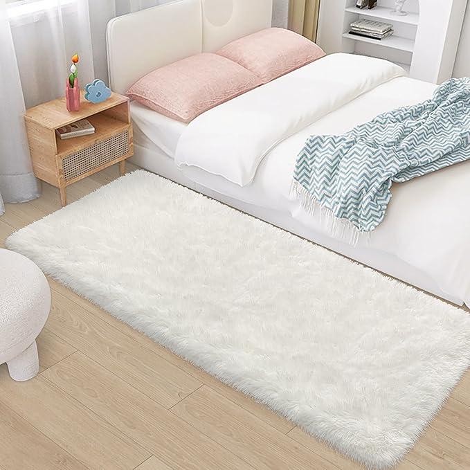 2x6 Ft Shag White Runner Rug for Bedroom Fuzzy Soft Fluffy Carpet Non-Slip Bottom for Hallway Bedside Living Room Dorm, Furry Area Rug for Nursery Playroom Indoor Home Decor