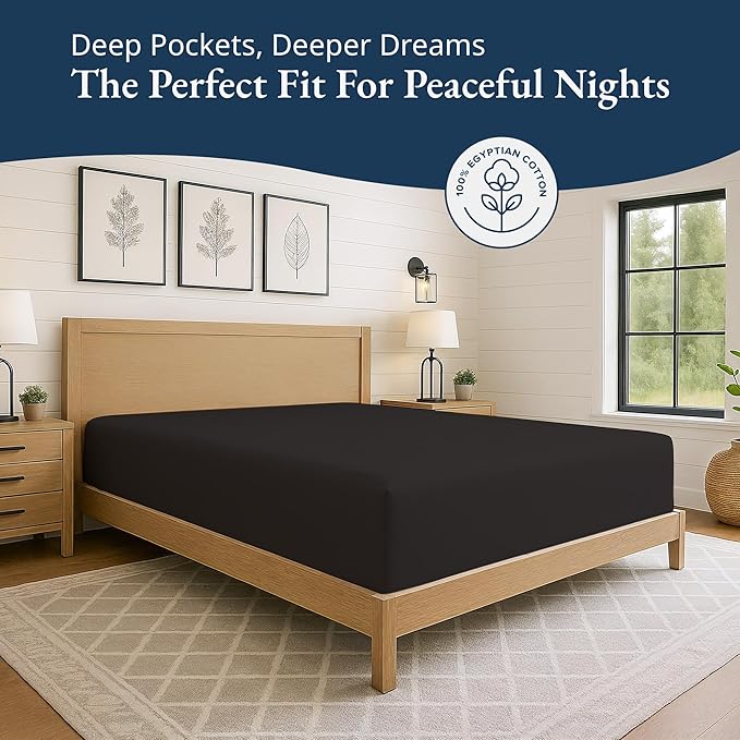 Lane Linen 100% Egyptian Cotton Twin Size Fitted Sheet Only (39"x75" + 15") - Elegant Sateen Weave, Ultra Soft, Breathable, Highly Durable, Deep Pockets Upto 17" - Black