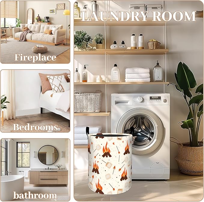 ainori Campfire Laundry Basket, Oxford Cloth Minimalist Rustic Dirty Clothes Collapsible Hamper for Room Decor, Marshmallow and Fire Print Gifts Toy Organizer 19.7*15.8 Inch for Bedroom Bathroom Dorm