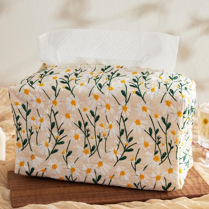 Hausfrau Tissue Box Cover Rectangular Embroidered Jacquard Linen Tissue Holder Case Decorative for Bathroom Vanity Countertop Desk Office, 10"x5.3"x5.3", White Daisy