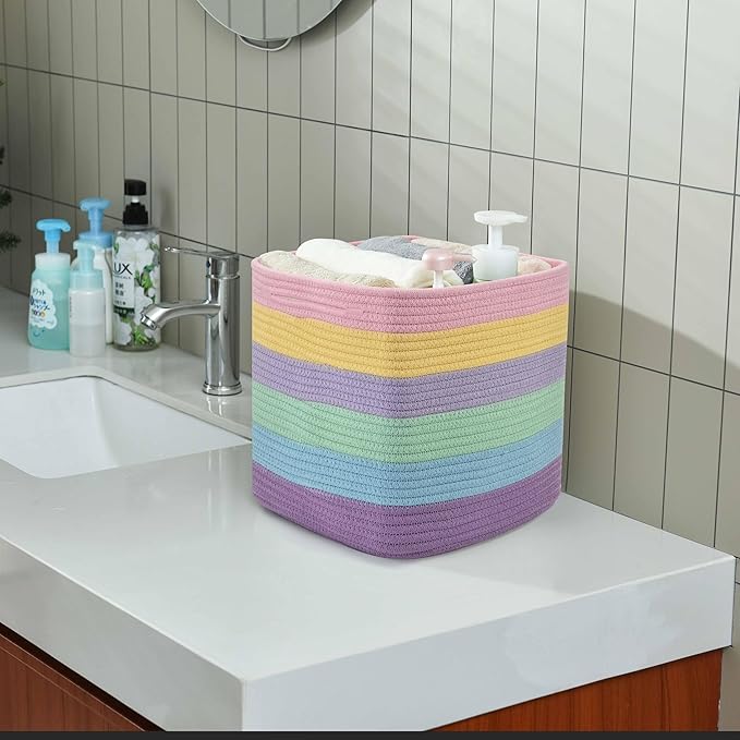 Gocjuaza 3 Pack Storage Cubes 11 Inch Cotton Rope Woven Baskets for Organizing Cube Bin Square Shelves Organizer,Classroom,Kids Toy Bins,Closet,Baby Nursery(Light Rainbow)