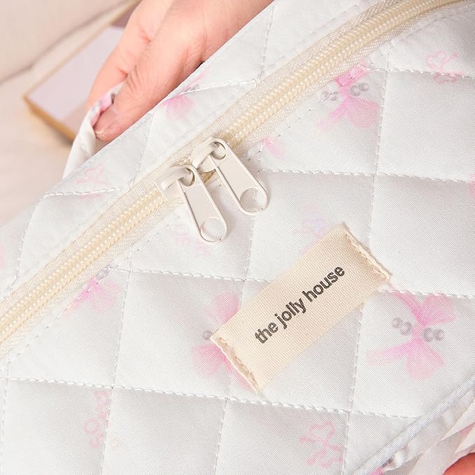 Quilted Makeup Bag, Large Capacity Travel Cosmetic Bag for Women and Girls, Aesthetic Storage for Daily and Travel (Pink Bow)
