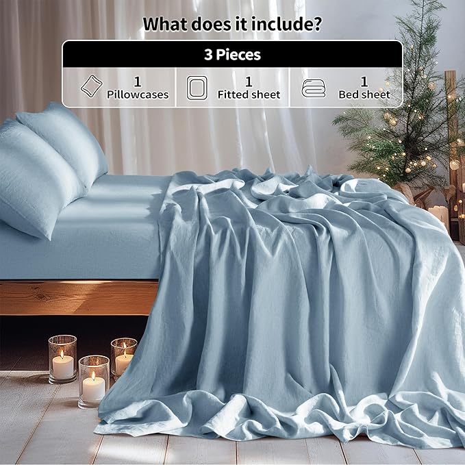 LBRO2M 100% Linen Sheet Set Twin XL Size,Bed Sheets 3 Piece Sets,Solid Color Natural Flax Bed Sheets Soft Breathable Bedding,16" Deep Pocket,All Season (Twin XL, Dusty Blue)