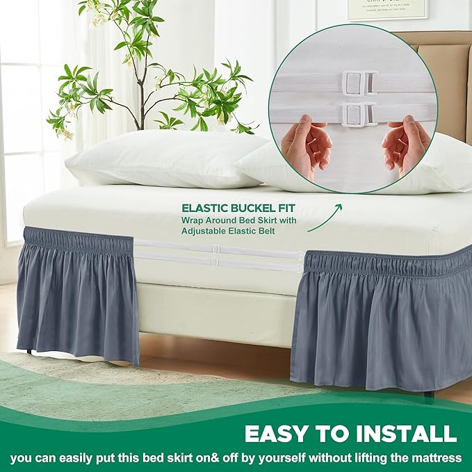 Biscaynebay Wrap Around Bed Skirts for King & Cal King Beds Short Drop of 12", Dark Grey Adjustable Elastic Dust Ruffles Easy Fit Wrinkle Resistant Silky Luxurious Fabric Machine Washable