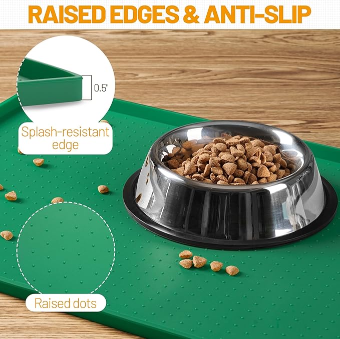 Hubulk Dog Feeding Mat,100% Waterproof Food Grade Silicone Pet Food and Water Bowl Placemat,Dishwasher, High Raised Edge to Prevent Spills,Nonslip Tray to Stop Messes on Floor（24"x16"x0.5",Hunter ）