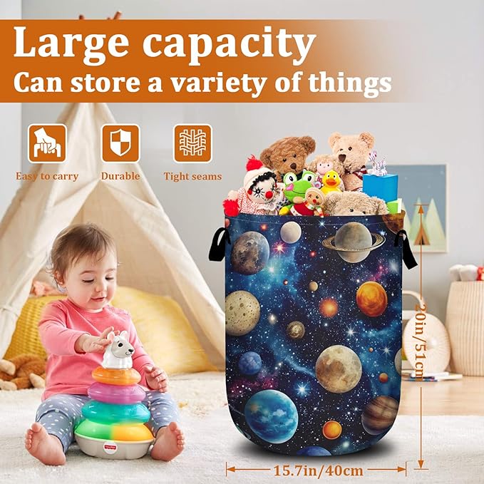 Planets Galaxy Laundry Basket with Sturdy Handles, Universe Collapsible Oxford Cloth Laundry Hamper Organizer Basket for Bathroom Bedroom 15.7x20 Inch