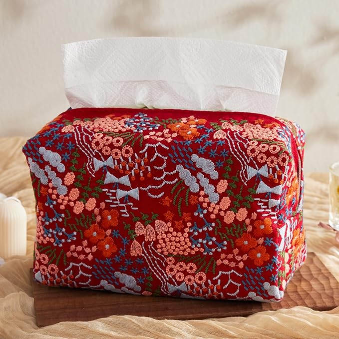 Hausfrau Tissue Box Cover Rectangular Embroidered Jacquard Linen Tissue Holder Case Decorative for Bathroom Vanity Countertop Desk Office, 10"x5.3"x5.3", Red Flowersea