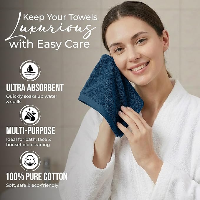 RIVERSIDE 24 Pack Washcloths Set - 100% Cotton [12x12 Inches] - 500 GSM, Soft, Quick-Dry & Highly Absorbent Face Towels - Perfect for Bathroom, Gym, Hotel, Spa & Travel - Opal Blue
