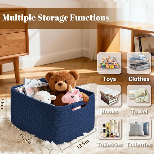 2 Pack Large Storage Basket for Organizing, 17.5"x13.5"x7.5" Woven Basket for Shelves, Closet Cube Storage Bins with Wrapped Handle, Cotton Rope Baskets for Kitchen, Clothes, Toys(Navy Blue)