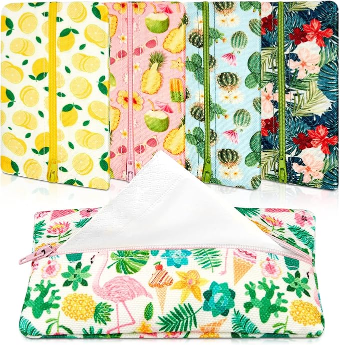 Sherr 5 Pieces Tissues Purse Pocket Tissue Holder Reusable Travel Tissue Pouch Fabric Zipper Enclosed Small Size Flower Pattern Tissue Holder for Purse Coins for Summer, 5.25 x 3 Inch