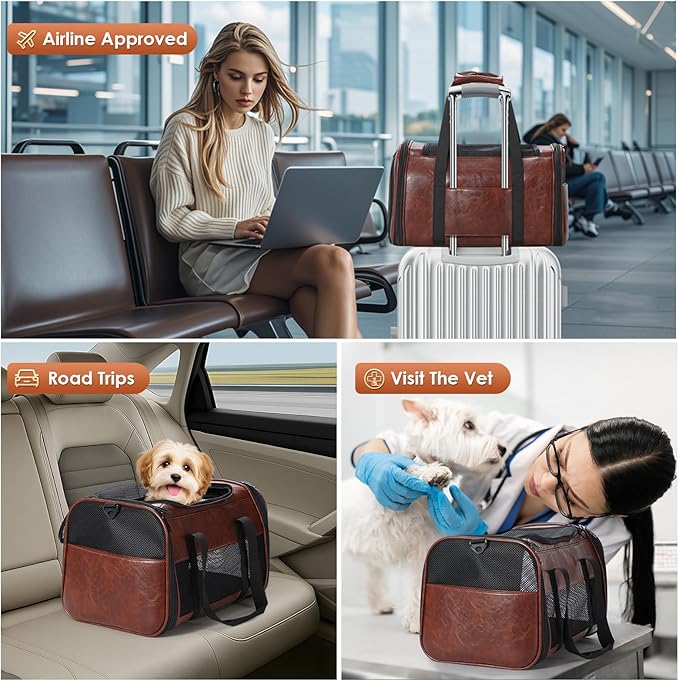Monanller Fashion Leather Dog Carrier, Airline Approved Cat Carrier Soft Sided Pet Bag Carrier Purse for Puppy Kitten Small Animals Coffee