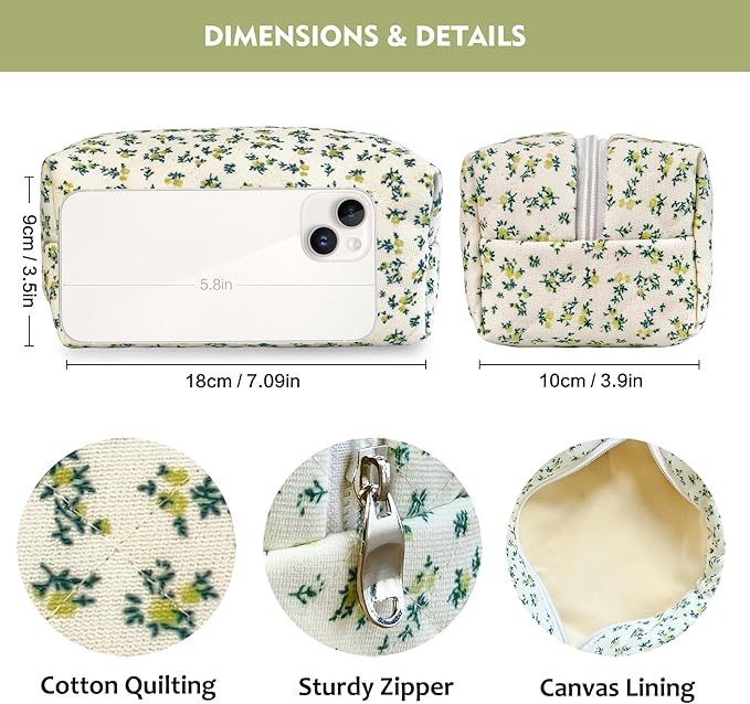 STARDW Cute Quilted Floral Makeup Bag for Women, Large Capacity Travel Toiletry Bag with Zipper and Canvas Lining