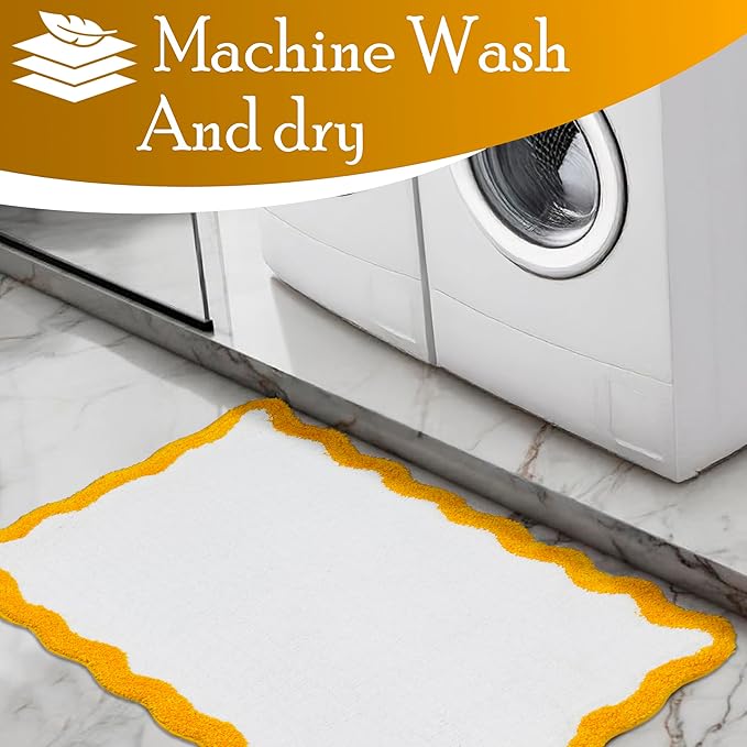 C23 Luxury Deep-Pile Bath Rug | 2200 GSM Ultra-Soft Plush Thick Bathroom Mat | 20"x32" Mustard Yellow & White High-Density Loft Rug | Non-Slip Natural Latex Back, Absorbent, Machine Washable, 1 Piece