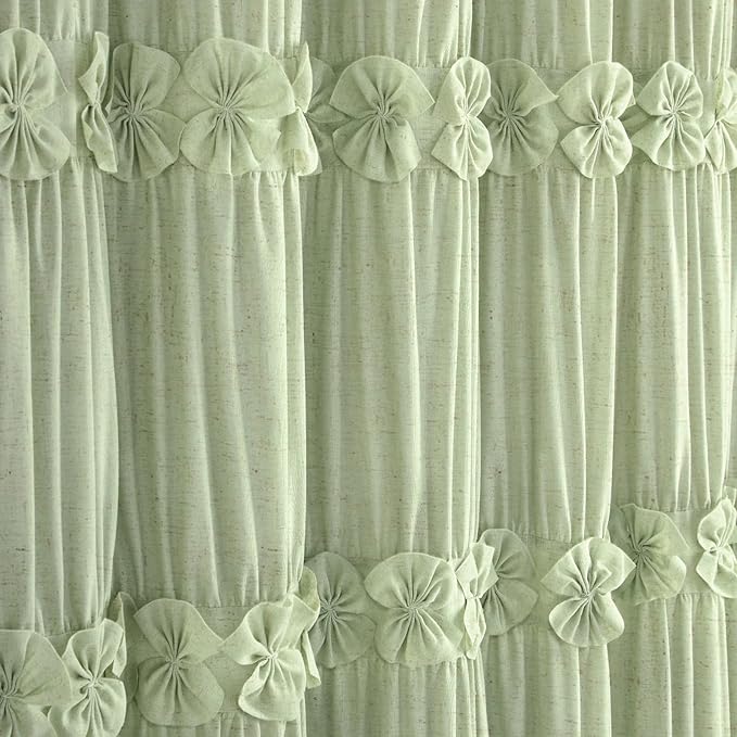 XOGUIBO Ruffle Shower Curtain with Handmade Bow Tie, Green Linen Vintage Farmhouse Shower Curtain for Bathroom, 72" W x 72" H