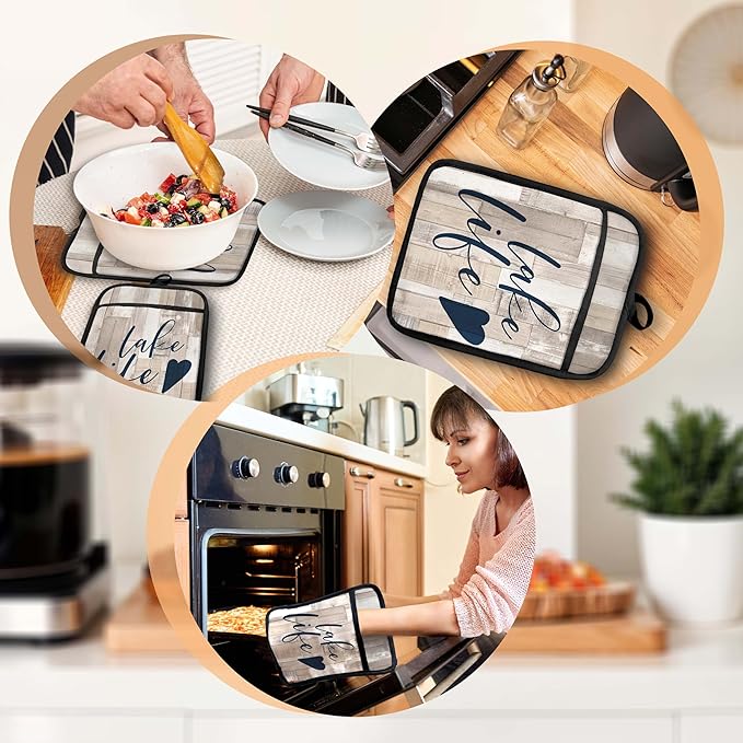 Lake Life Gifts Pot Holders with Pockets, Lake Life House Gifts for Cabin Owners Women Oven Pot Holders Heat Resistant Oven Mitts Hot Pads for Kitchen Baking Cooking (Cream)