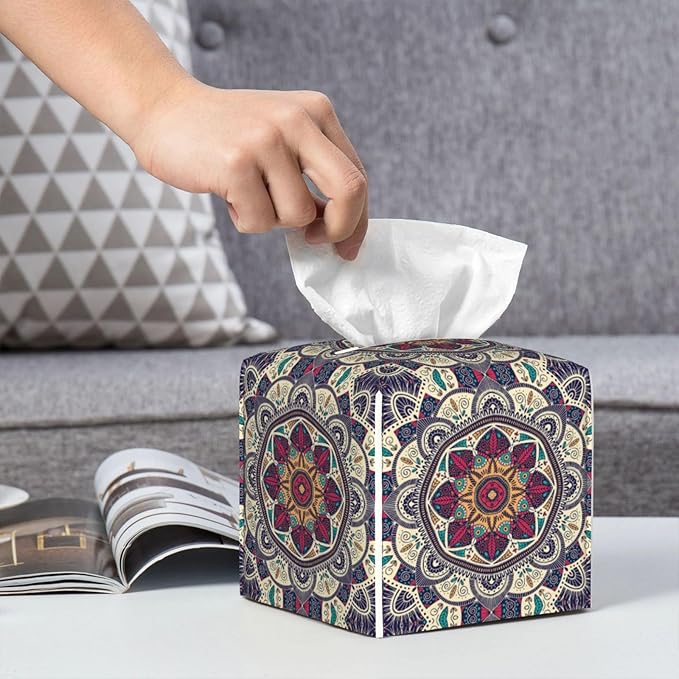PVC Tissue Box Cover Holder,Mandala Square Decorative Organizer,5.2"X5.2"X5.2"Tissue Case for Bathroom,Tabletop,Car,Office