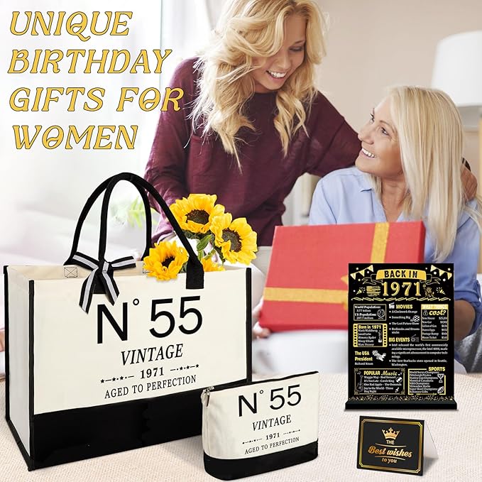 YeohJoy 55th Birthday Gifts for Women Canvas Tote Bag Travel Gear,Unique 55 Years Old Gifts for Wife Mom Sister Aunt Friends Her, Vintage N°55 Handbag & Cosmetic Bag & Back in 1971 Poster